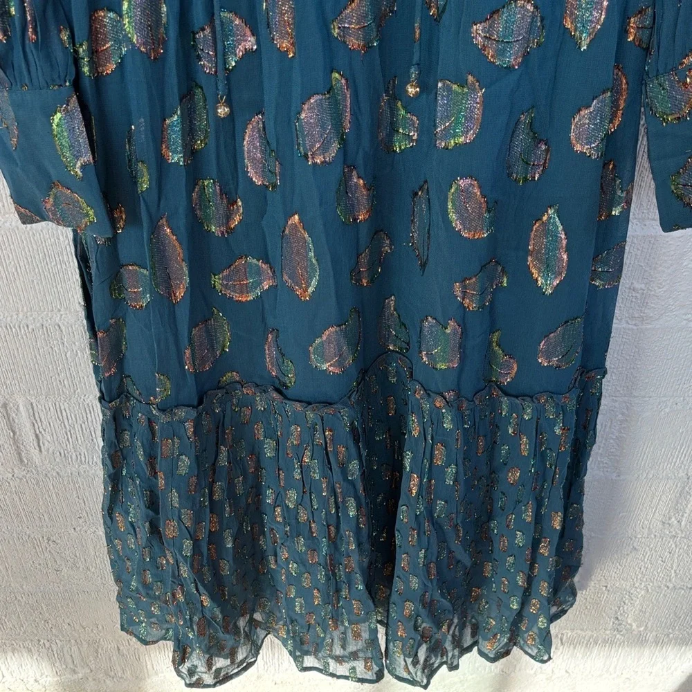 Ciebon Metallic Leaf Belted Teal Long Sleeve Maxi Dress sz S
